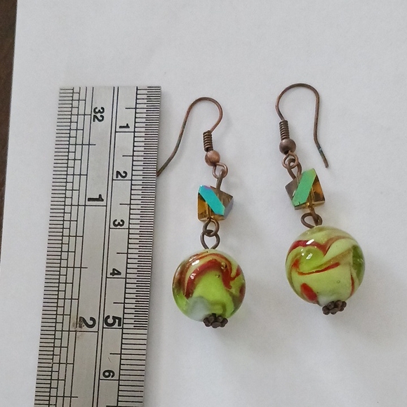 Green Swirled Glass Earrings Lamp Work 2" - Picture 2 of 4
